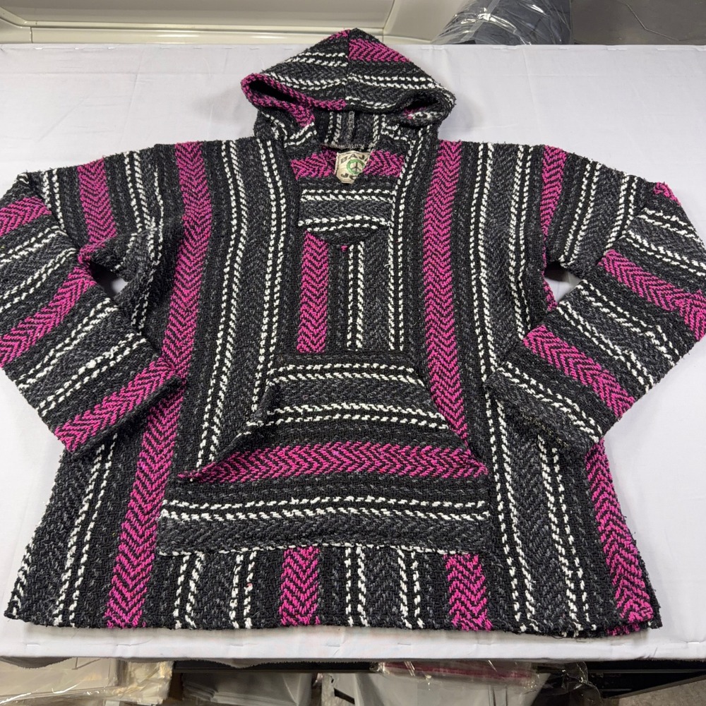 Baja Joe Mexican Poncho Hoodie Magenta Charcoal Striped Woven Pullover Medium